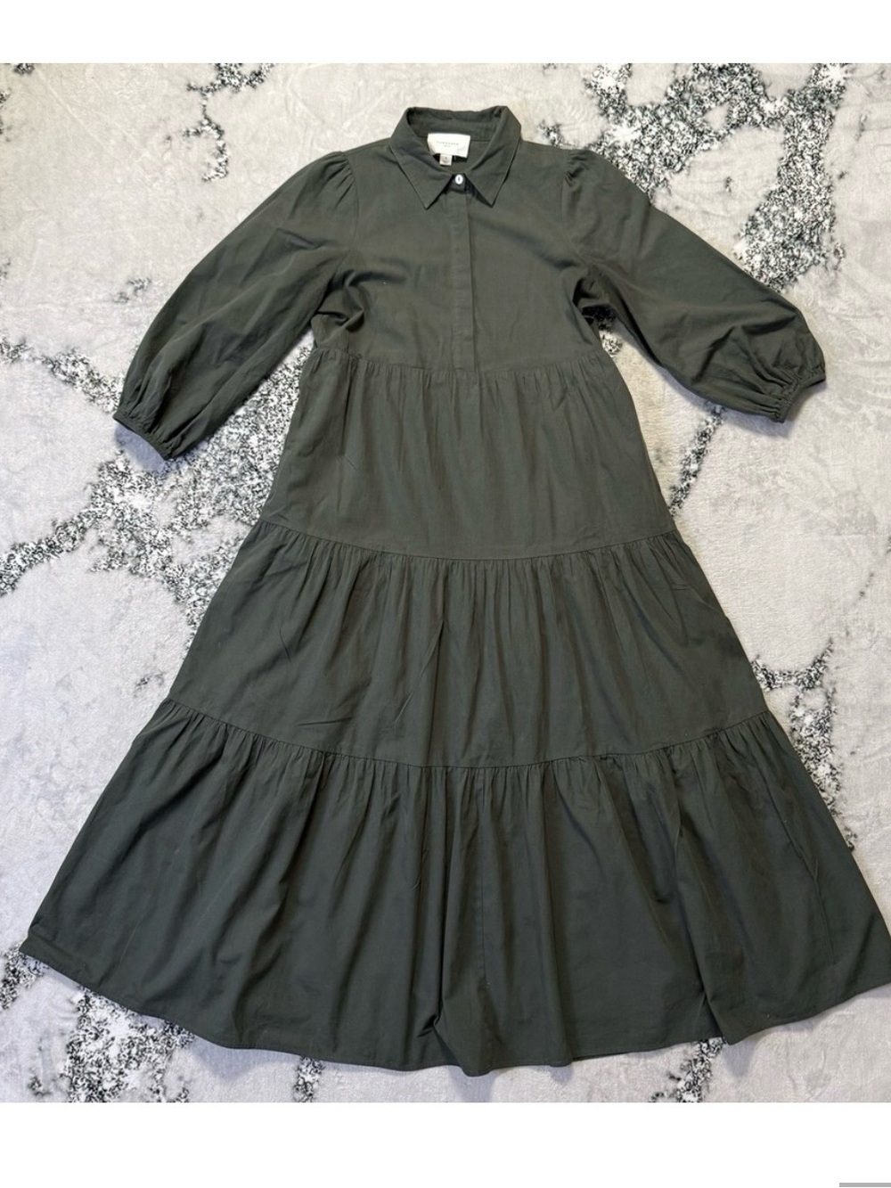 Pomander Place Tuckernuck Dress Womens Size S Green 3/4 Puff Sleeve Tiered Maxi